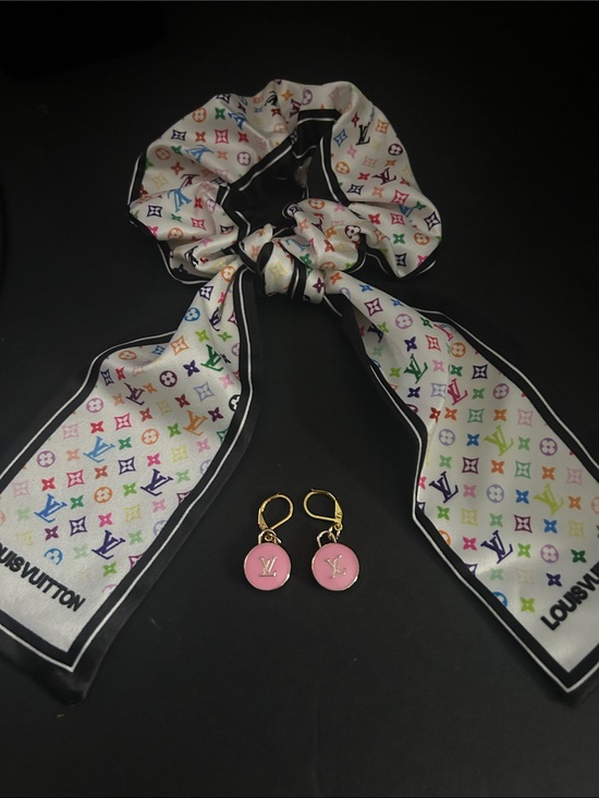 Generic Accessories - Multicolor Monogram Silk Bow Scrunchie with Pink LV Charm Earrings
